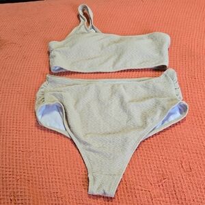 NWOT Beige One-Shoulder Textured Bikini Set Size Md Mesh Lining Padded Bra Top